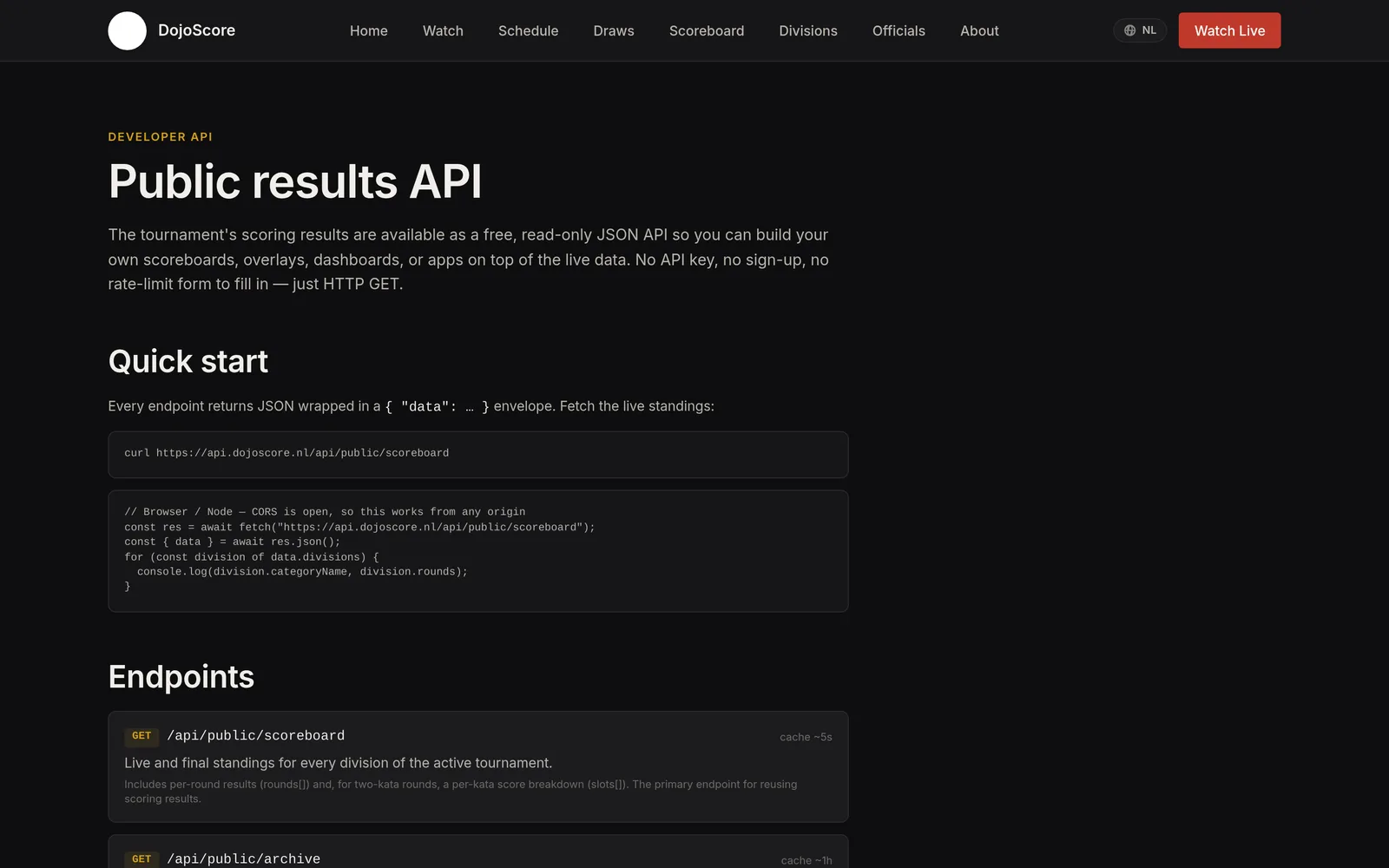 DojoScore public results API documentation page
