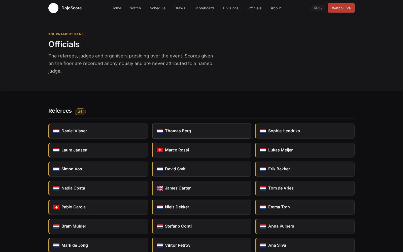 DojoScore officials panel listing the tournament's referees with country flags